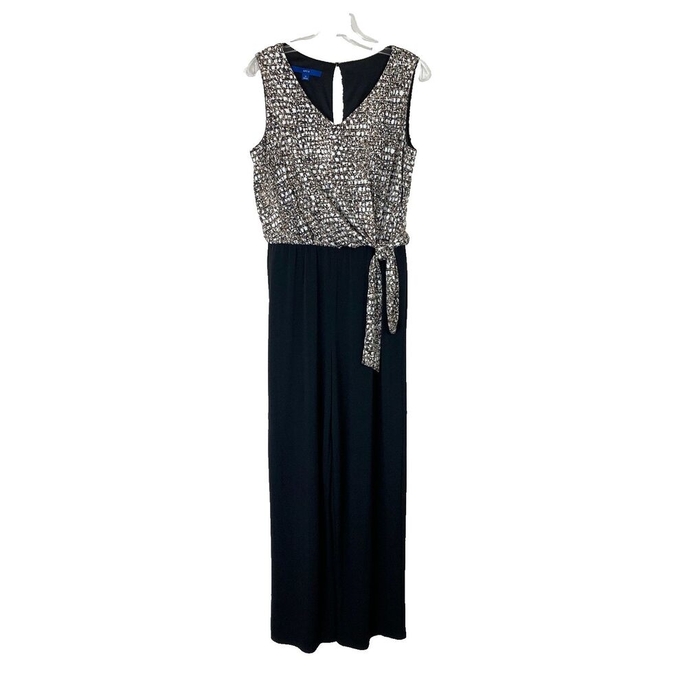 Apt. 9 Sleeveless Jumpsuit Size M Black Brown V-Neck Tie Waist Straight Leg